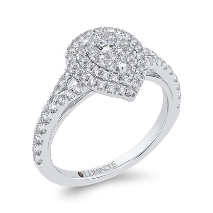 Split Shank Round Diamond Pear Shape Double Halo Engagement Ring in 14K White Gold