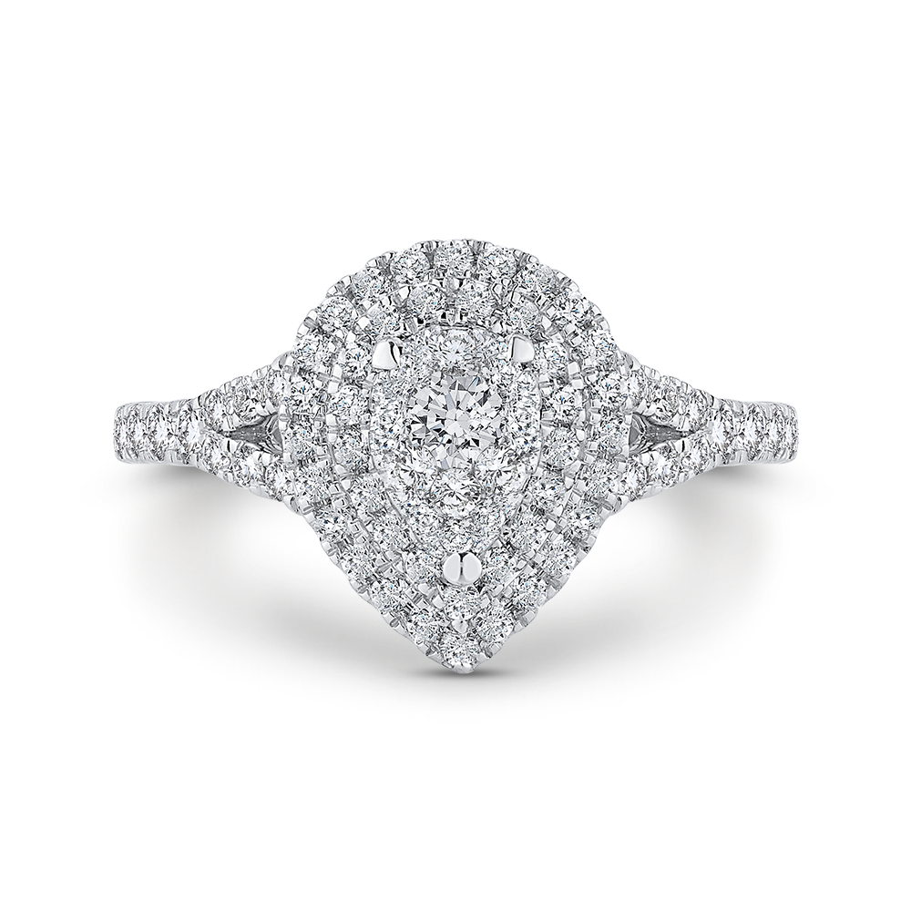Split Shank Round Diamond Pear Shape Double Halo Engagement Ring in 14K White Gold
