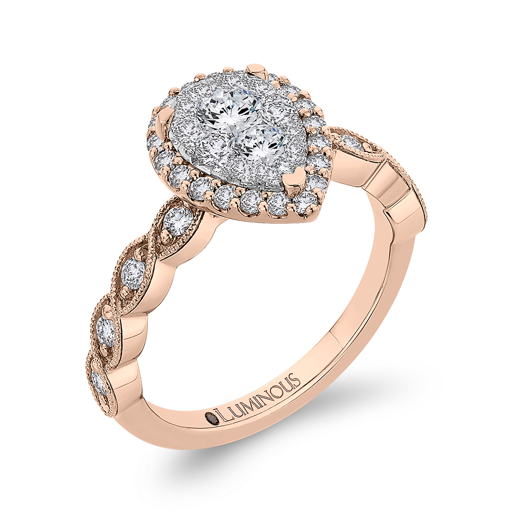 Round Diamond Pear Shape Halo Engagement Ring in 14K Two Tone Gold