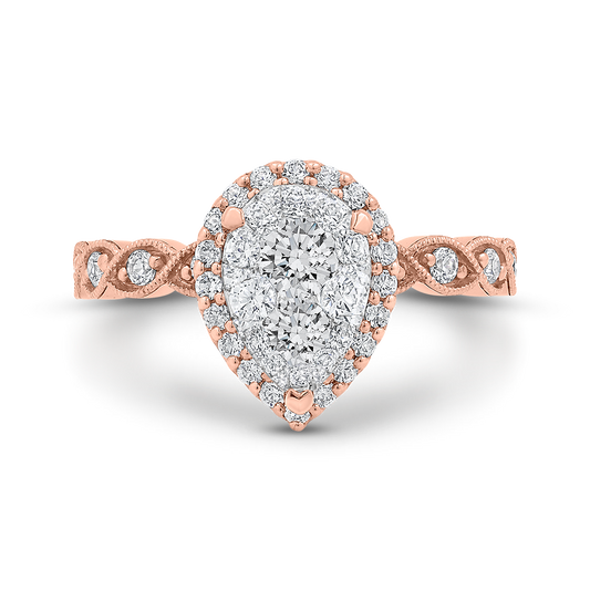 Round Diamond Pear Shape Halo Engagement Ring in 14K Two Tone Gold