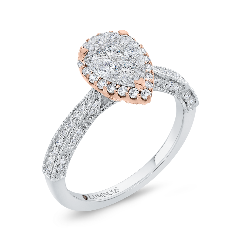 Round Diamond Pear Shape Halo Engagement Ring in 14K Two Tone Gold