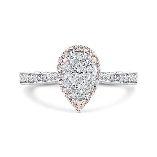 Round Diamond Pear Shape Halo Engagement Ring in 14K Two Tone Gold