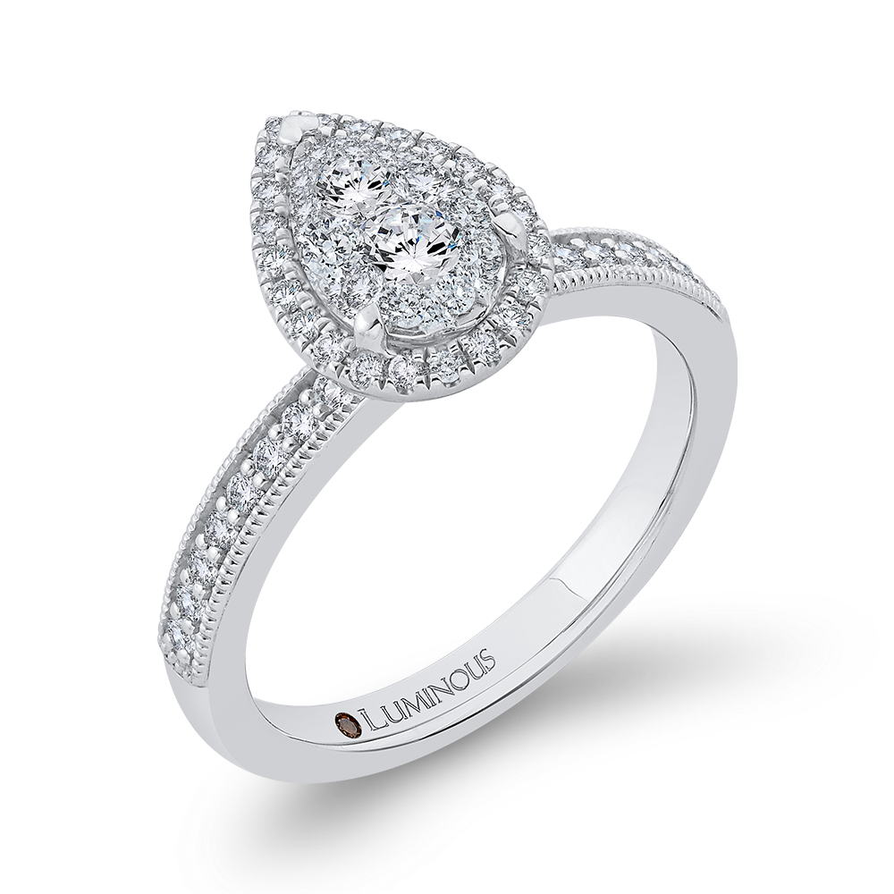 Round Diamond Pear Shape Halo Engagement Ring in 14K White Gold