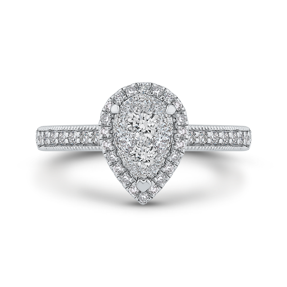 Round Diamond Pear Shape Halo Engagement Ring in 14K White Gold