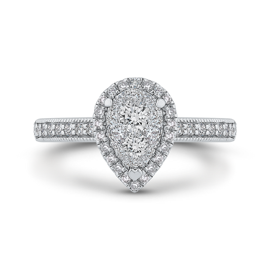 Round Diamond Pear Shape Halo Engagement Ring in 14K White Gold