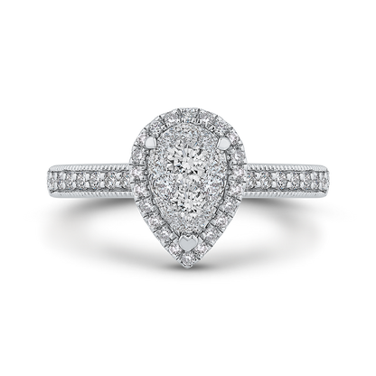 Round Diamond Pear Shape Halo Engagement Ring in 14K White Gold