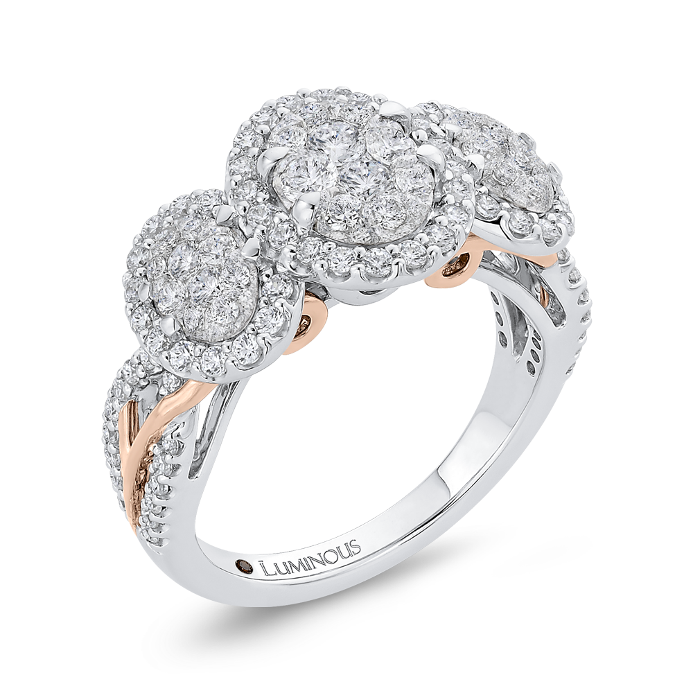 Round Diamond Three-Stone Halo Engagement Ring in 14K Two Tone Gold