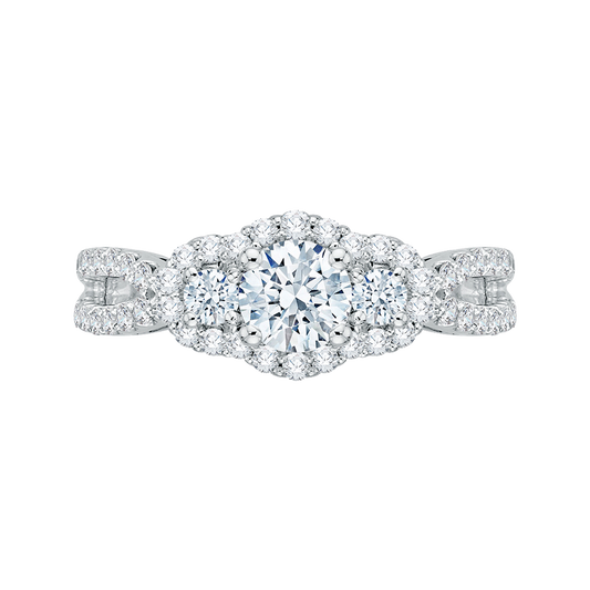 Diamond Three-Stone Halo Engagement Ring in 14K White Gold