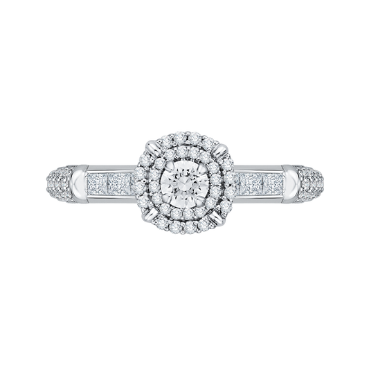 Round and Princess Cut Diamond Double Halo Engagement Ring in 14K White Gold