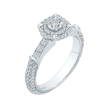 Round and Princess Cut Diamond Double Halo Engagement Ring in 14K White Gold