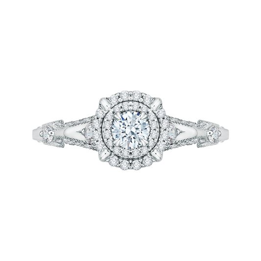 Round Diamond Double Halo Vintage Engagement Ring in 14K White Gold