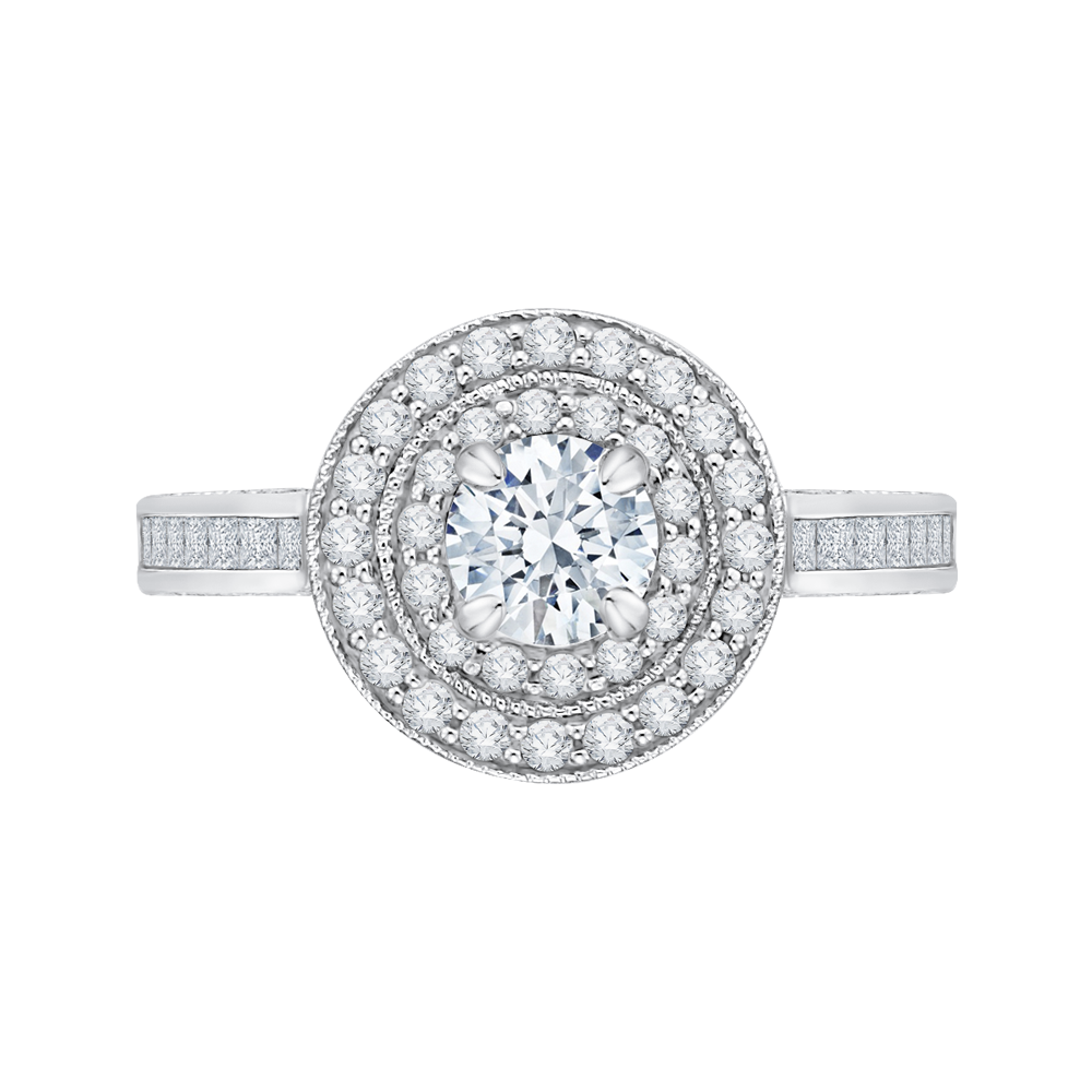Round and Princess Cut Diamond Double Halo Engagement Ring in 14K White Gold