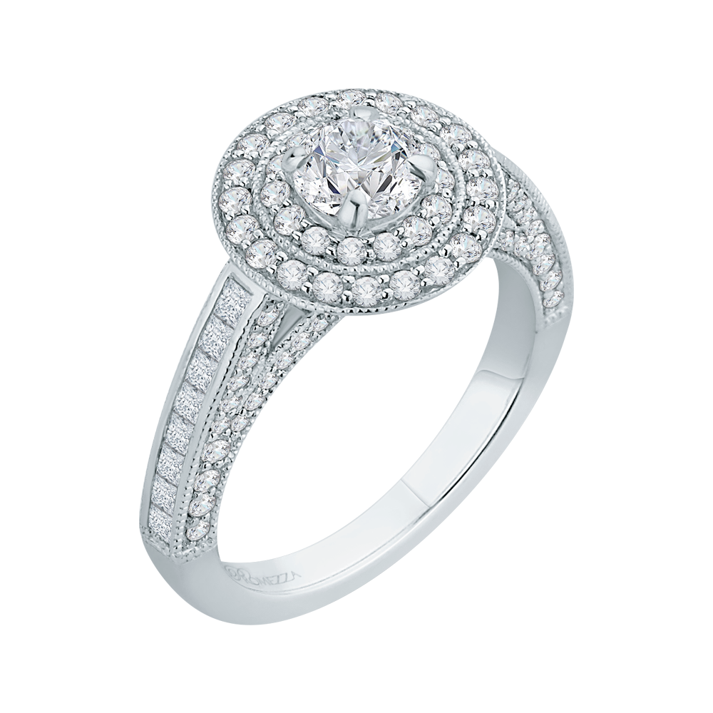 Round and Princess Cut Diamond Double Halo Engagement Ring in 14K White Gold