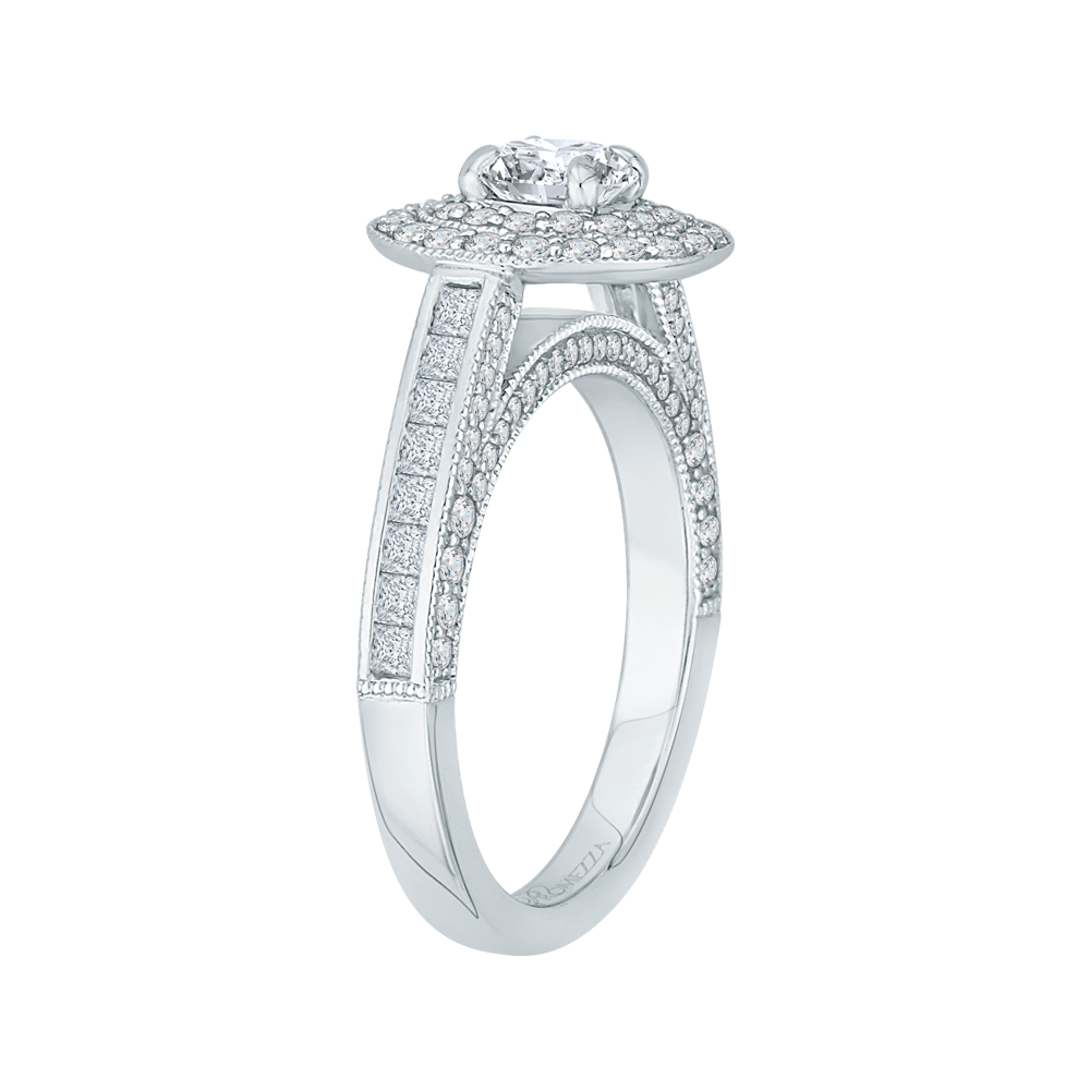 Round and Princess Cut Diamond Double Halo Engagement Ring in 14K White Gold