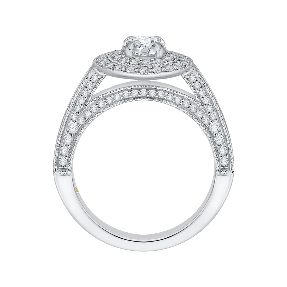 Round and Princess Cut Diamond Double Halo Engagement Ring in 14K White Gold
