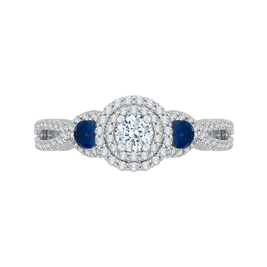 Diamond And Sapphire Three-Stone Halo Engagement Ring in 14K White Gold