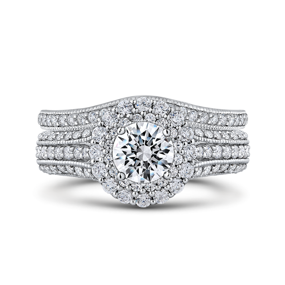 Diamond Double Halo Vintage Engagement Ring in 14K White Gold