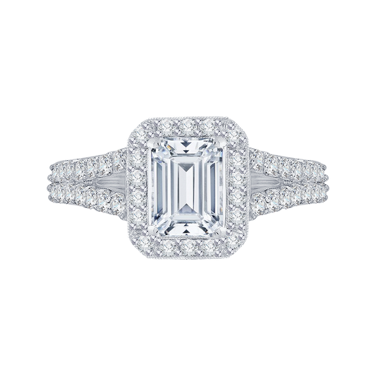 Split Shank Emerald Cut Diamond Halo Engagement Ring in 14K White Gold