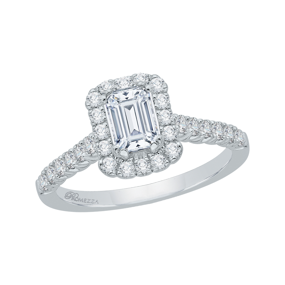 Emerald Cut Diamond Halo Engagement Ring in 14K White Gold
