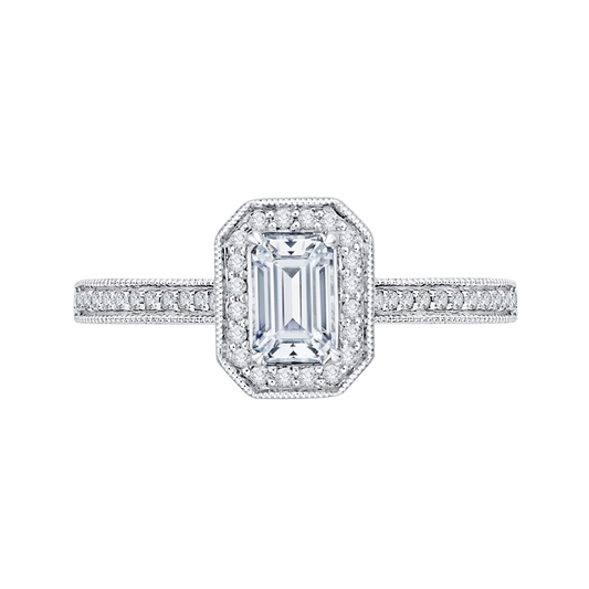 Emerald Cut Diamond Halo Engagement Ring in 14K White Gold