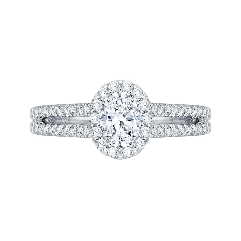 Split Shank Oval Cut Diamond Halo Engagement Ring in 14K White Gold