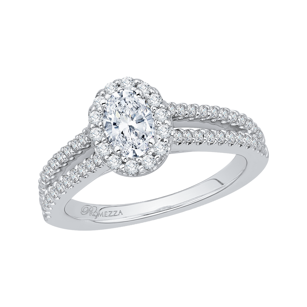 Split Shank Oval Cut Diamond Halo Engagement Ring in 14K White Gold