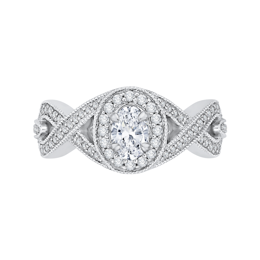 Split Shank Oval Cut Diamond Halo Engagement Ring in 14K White Gold