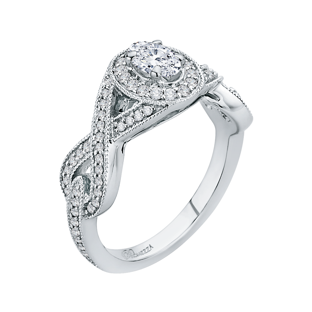 Split Shank Oval Cut Diamond Halo Engagement Ring in 14K White Gold
