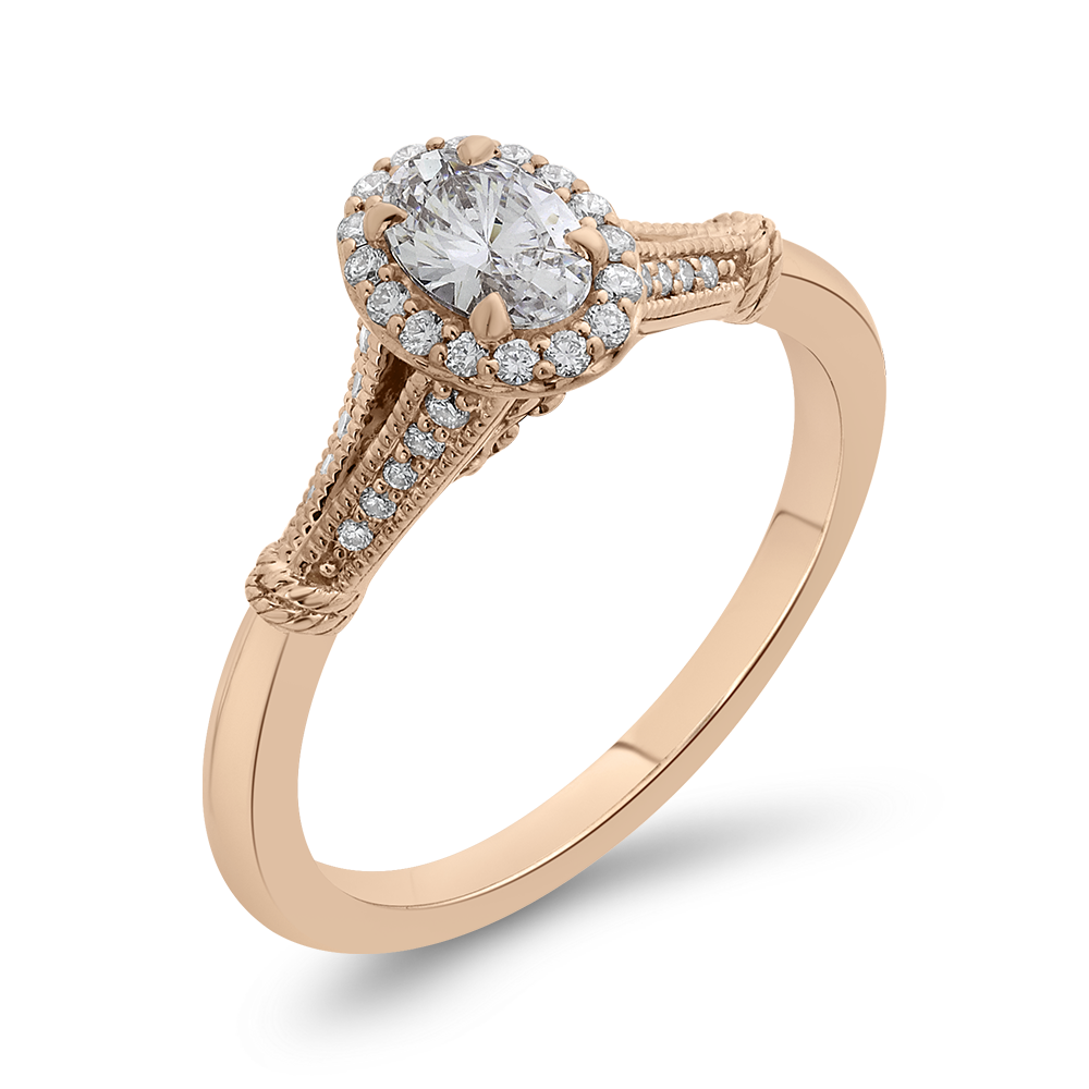Split Shank Oval Cut Diamond Halo Cathedral Style Engagement Ring in 14K Rose Gold