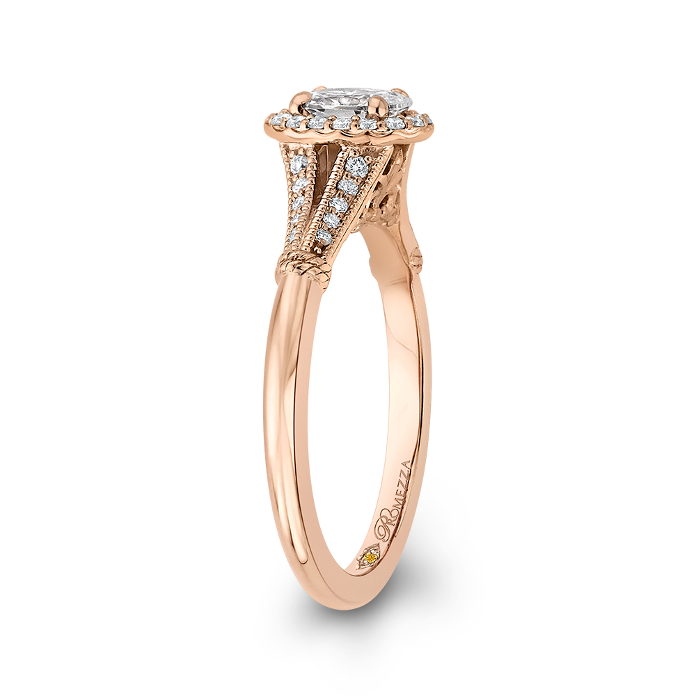 Split Shank Oval Cut Diamond Halo Cathedral Style Engagement Ring in 14K Rose Gold