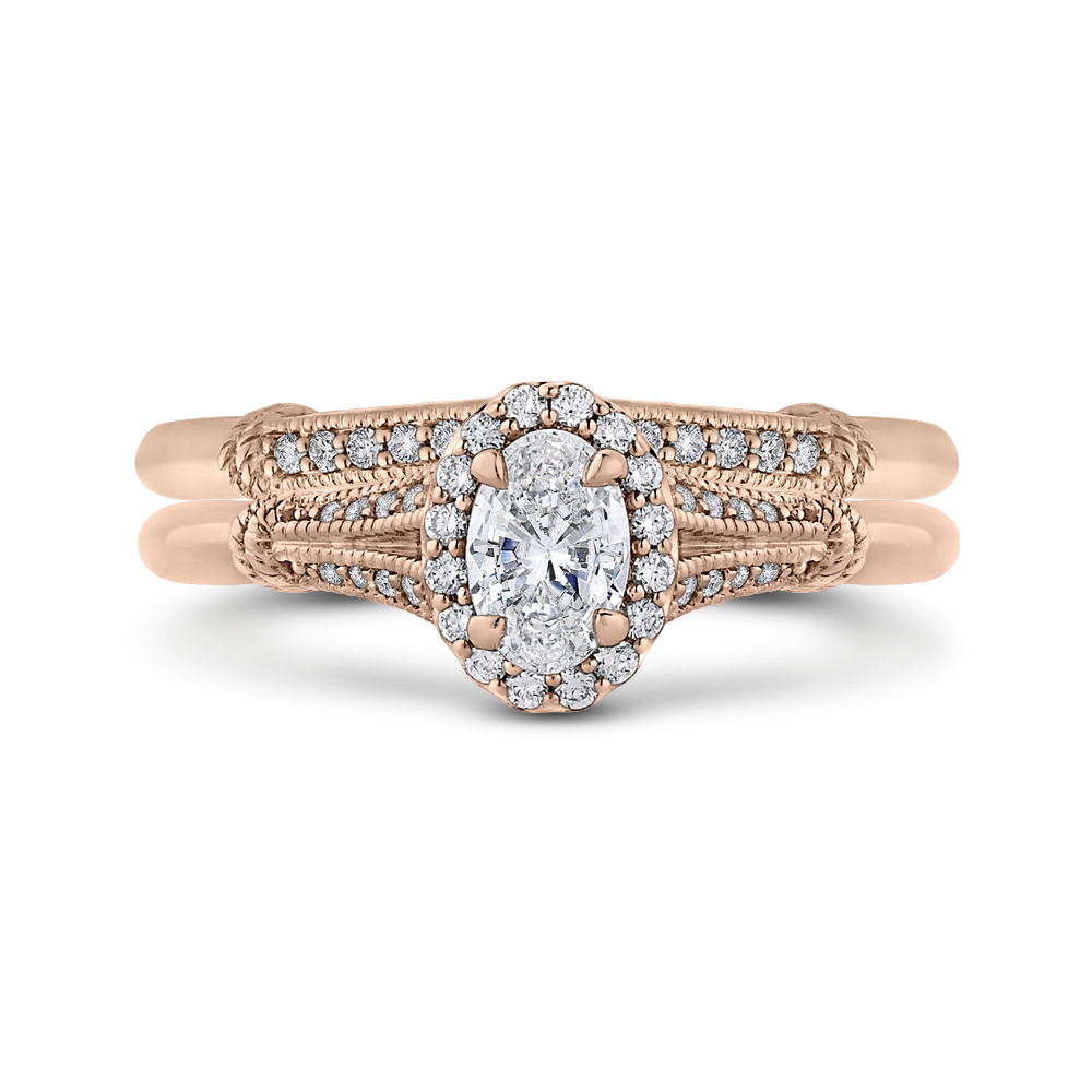 Split Shank Oval Cut Diamond Halo Cathedral Style Engagement Ring in 14K Rose Gold