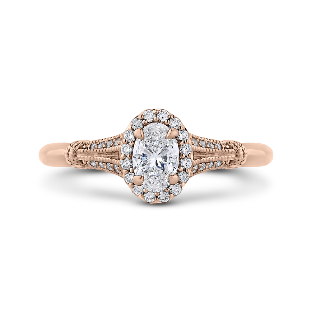 Split Shank Oval Cut Diamond Halo Cathedral Style Engagement Ring in 14K Rose Gold