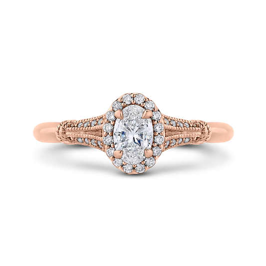 Split Shank Oval Cut Diamond Halo Cathedral Style Engagement Ring in 14K Rose Gold