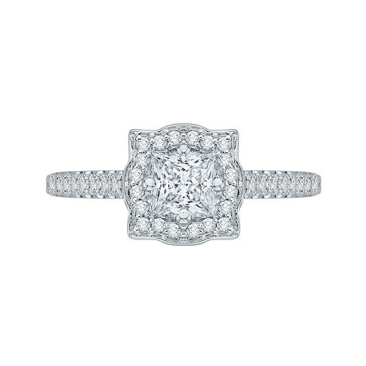 Princess Cut Diamond Halo Vintage Engagement Ring in 14K White Gold