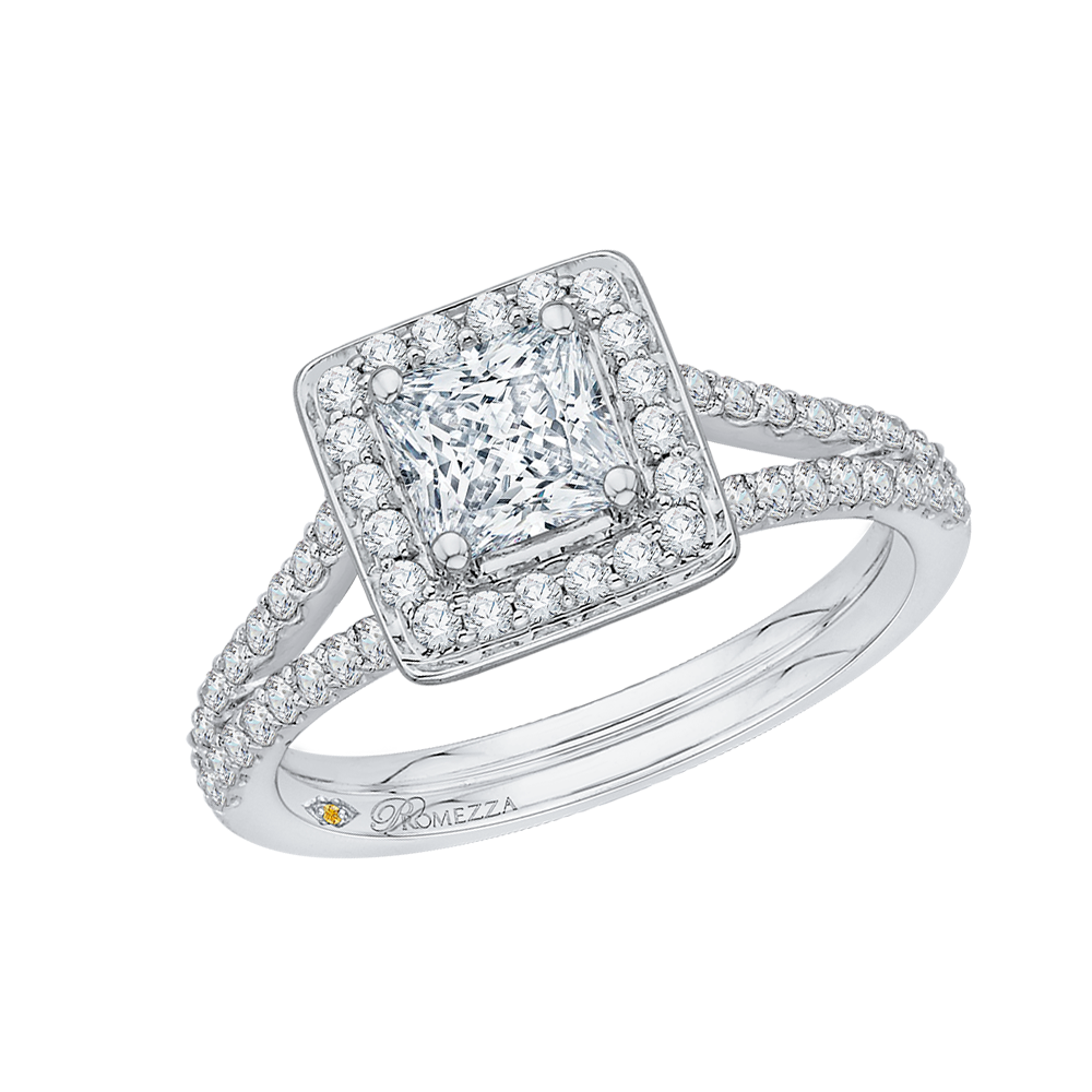 Split Shank Princess Cut Diamond Halo Engagement Ring in 14K White Gold