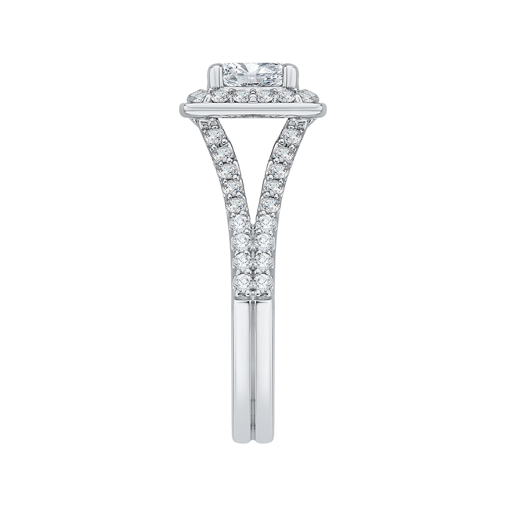 Split Shank Princess Cut Diamond Halo Engagement Ring in 14K White Gold