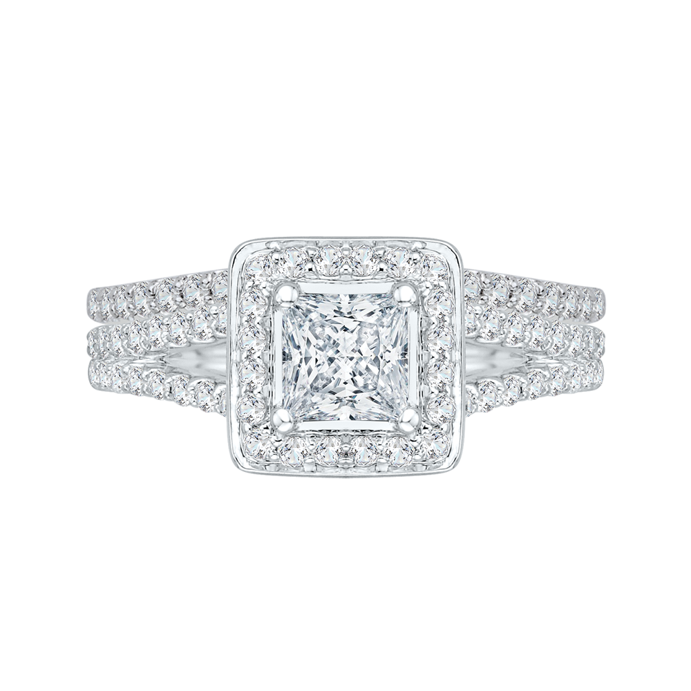 Split Shank Princess Cut Diamond Halo Engagement Ring in 14K White Gold