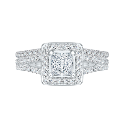 Split Shank Princess Cut Diamond Halo Engagement Ring in 14K White Gold