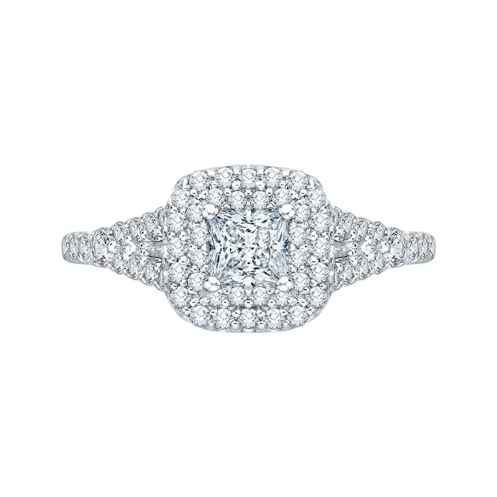Split Shank Princess Cut Diamond Double Halo Engagement Ring in 14K White Gold