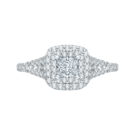 Split Shank Princess Cut Diamond Double Halo Engagement Ring in 14K White Gold