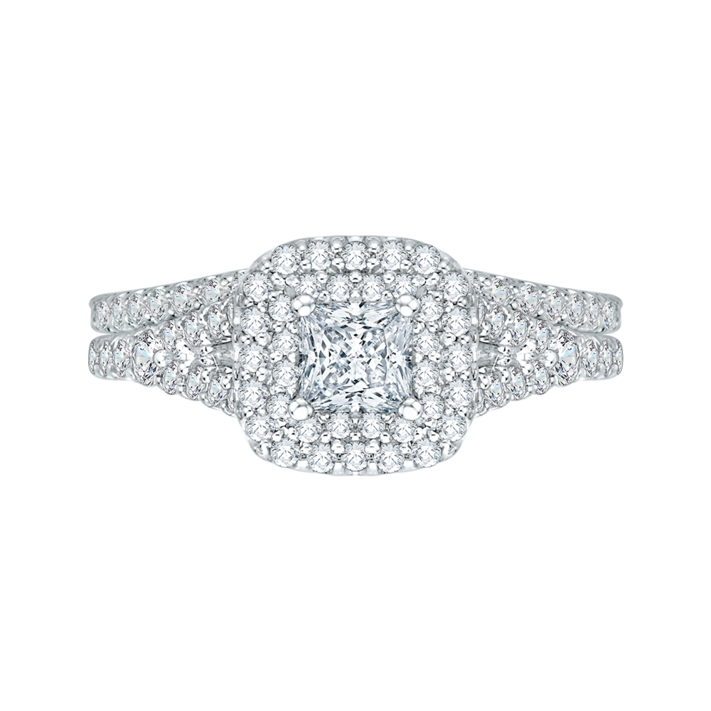Split Shank Princess Cut Diamond Double Halo Engagement Ring in 14K White Gold