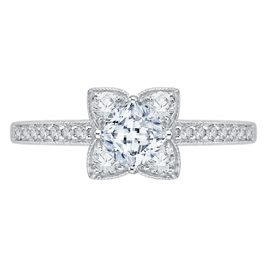 Cushion Cut Diamond Floral Engagement Ring in 14K White Gold