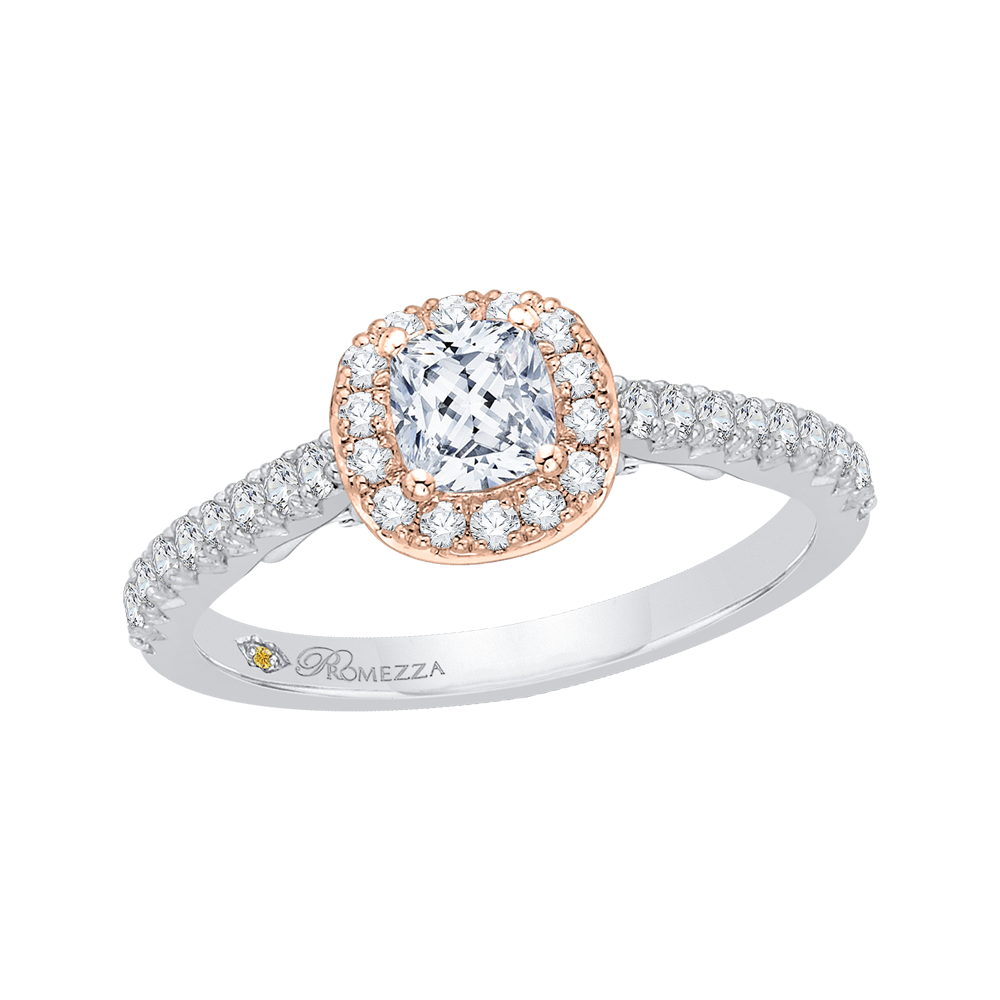 Cushion Cut Diamond Halo Engagement Ring in 14K Two Tone Gold