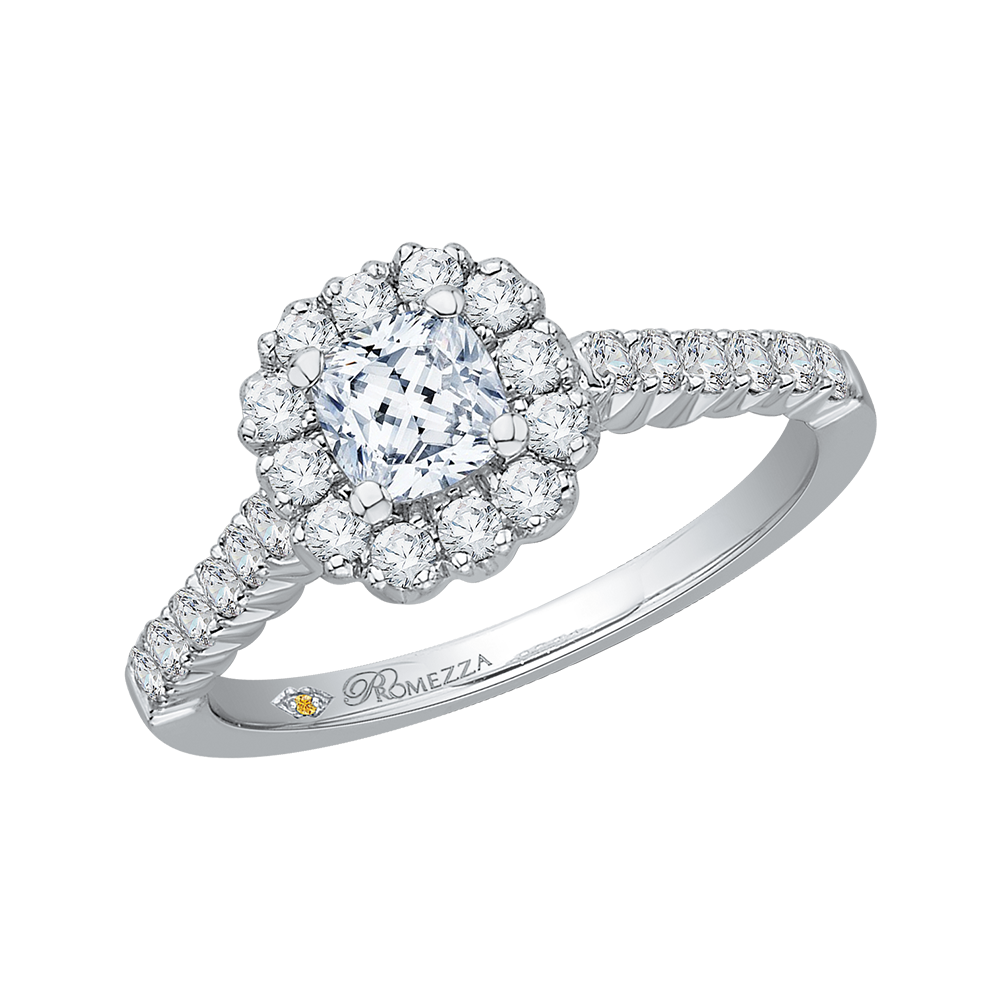 Cushion Cut Diamond Halo Engagement Ring in 14K White Gold