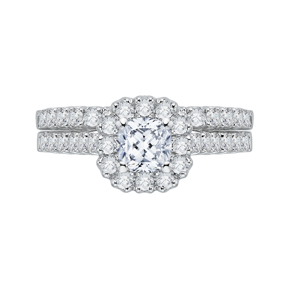 Cushion Cut Diamond Halo Engagement Ring in 14K White Gold