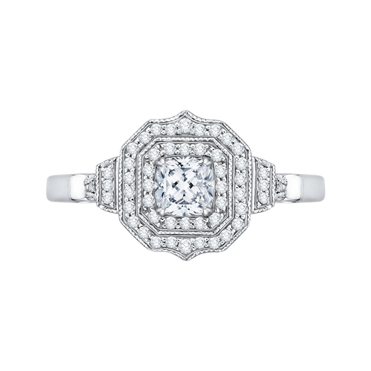 Cushion Cut Diamond Double Halo Vintage Engagement Ring in 14K White Gold