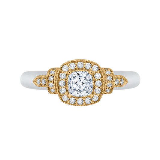 Cushion Cut Diamond Halo Engagement Ring in 14K Two Tone Gold