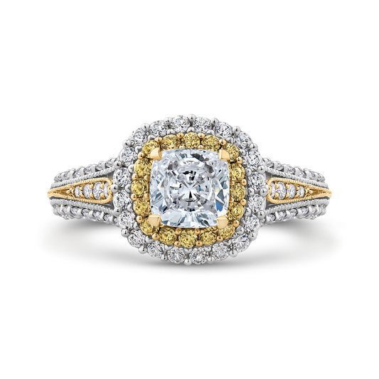Split Shank Cushion Cut Diamond Double Halo Engagement Ring in 14K Two Tone Gold