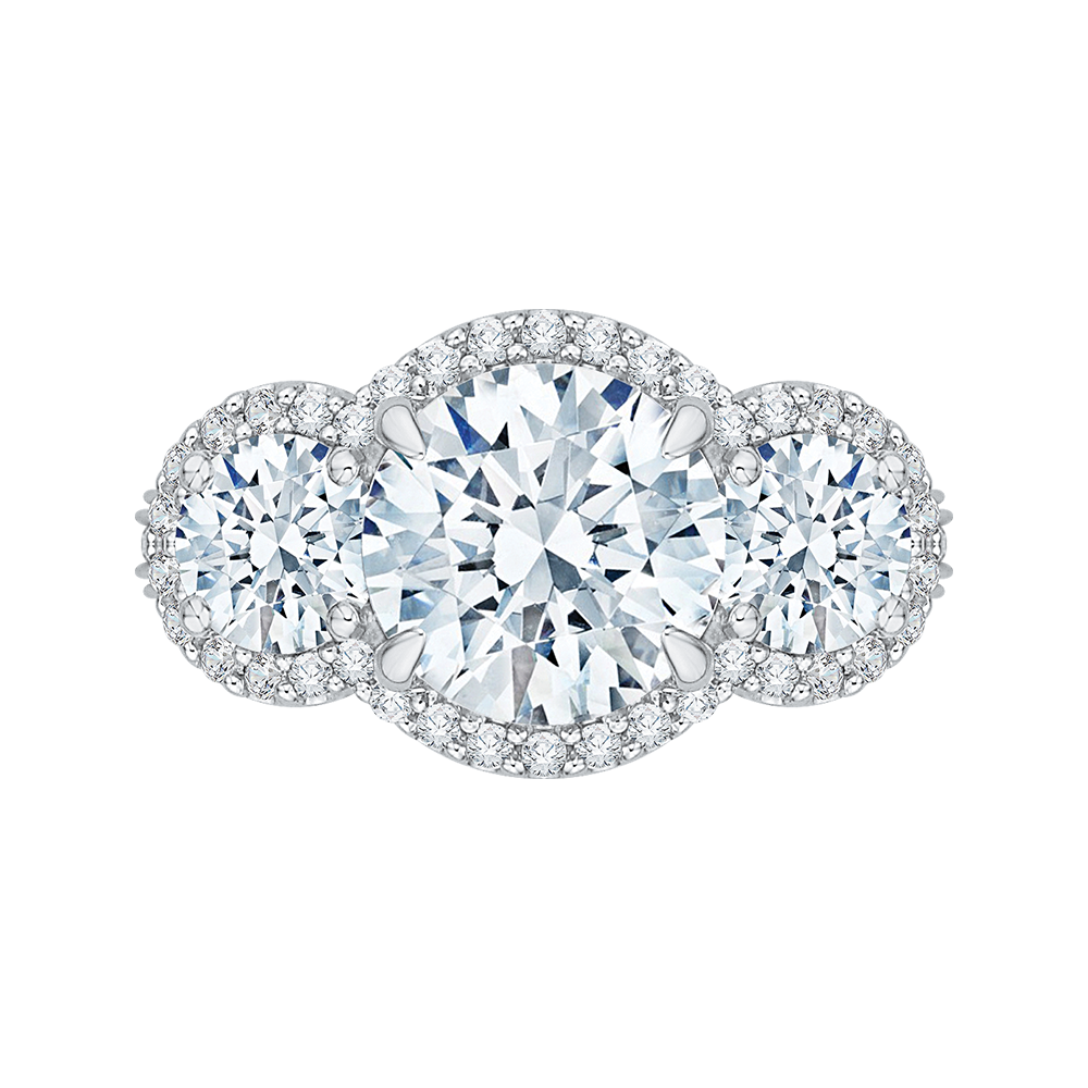 Diamond Three-Stone Halo Engagement Ring in 18K White Gold (Semi-Mount)
