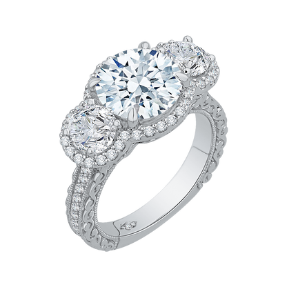 Diamond Three-Stone Halo Engagement Ring in 18K White Gold (Semi-Mount)